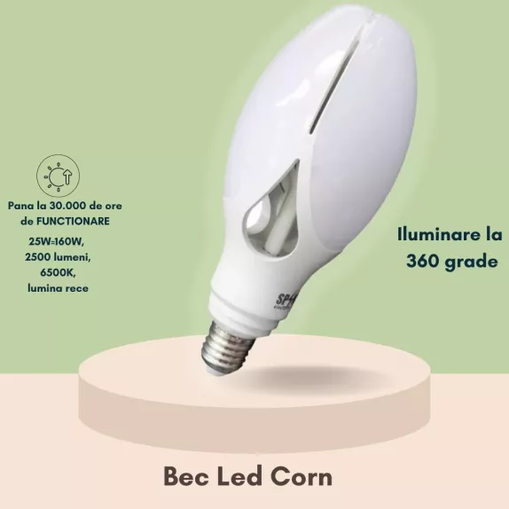 Bec LED tip corn, 25W=160W, 2500 lumeni, 6500K, lumina rece
