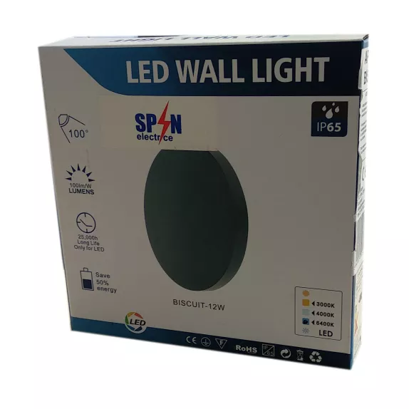 Aplica LED Perete Biscuit  Ø150, 12W,  6000K, lumina rece, cu protectie IP65