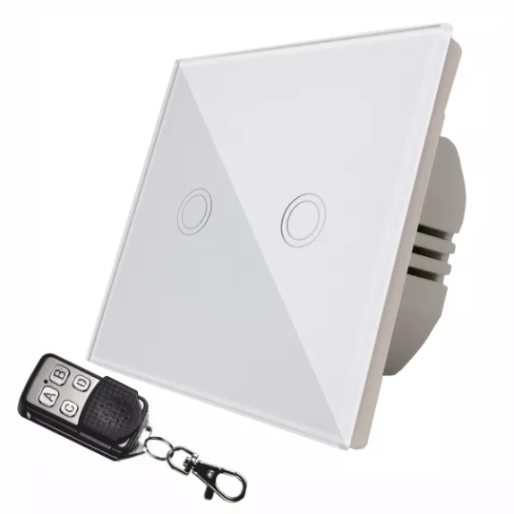 Intrerupator touch dublu + telecomanda RF, cu panou de sticla, alb