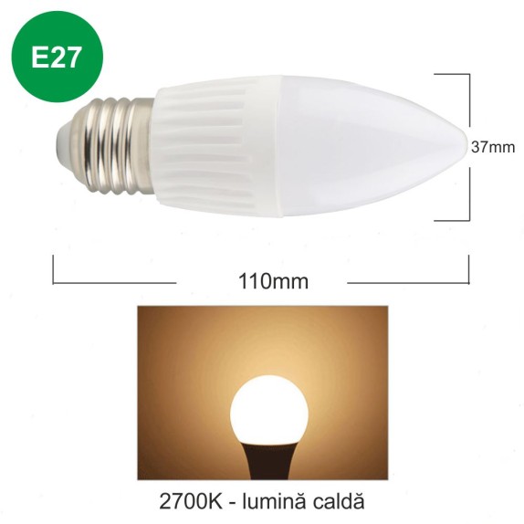 Bec LED lumanare cu baza din ceramica, model C37, dulie E27, 9W=75W, 2700K, lumina calda