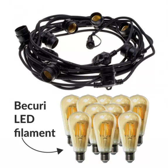 Pachet ghirlanda 10m, E27, IP65 cu 10 becuri LED Filament Amber ST58 2W